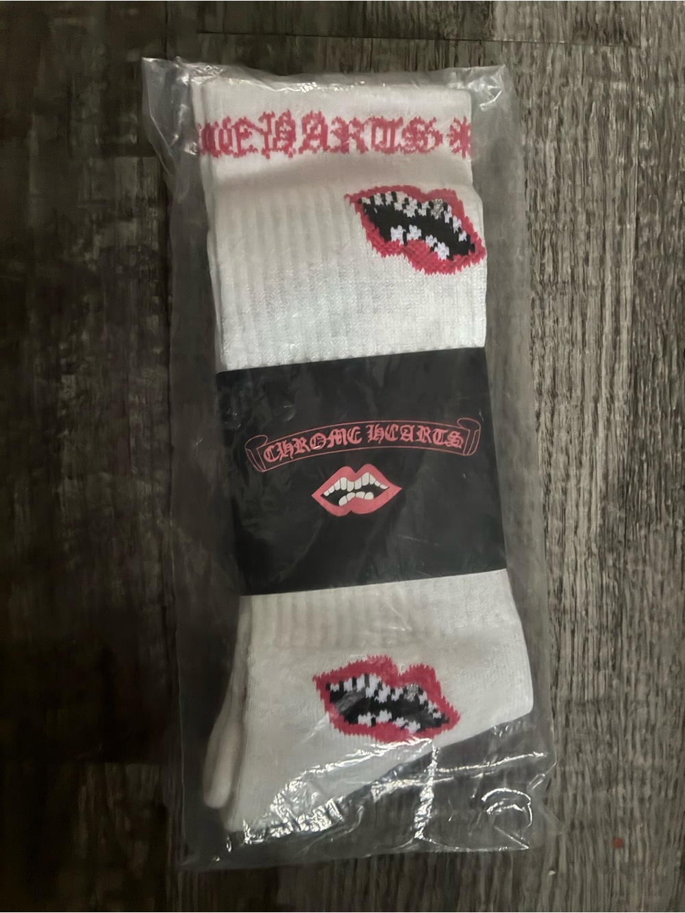 Chrome Hearts White Crew Socks with Pink Lip Graphic
